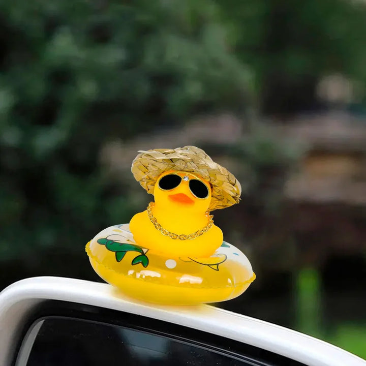 Car Duck Car Rubber Dashboard Decorations Ornament Yellow Duck with Mini Swim Ring Sun Cowboy Hat Necklace for Auto Office