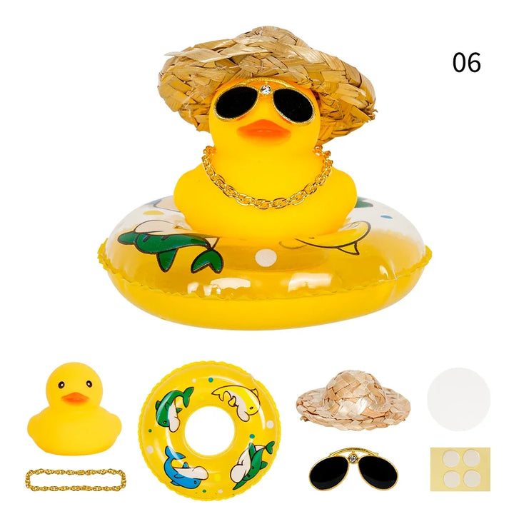 Car Duck Car Rubber Dashboard Decorations Ornament Yellow Duck with Mini Swim Ring Sun Cowboy Hat Necklace for Auto Office