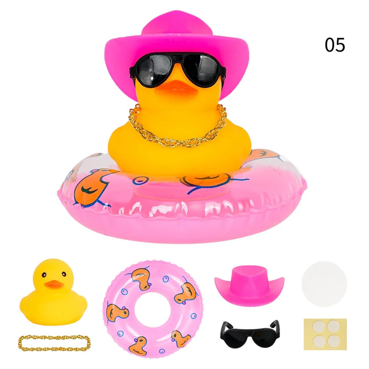 Car Duck Car Rubber Dashboard Decorations Ornament Yellow Duck with Mini Swim Ring Sun Cowboy Hat Necklace for Auto Office