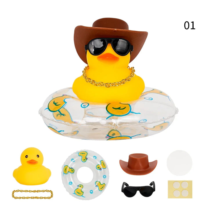 Car Duck Car Rubber Dashboard Decorations Ornament Yellow Duck with Mini Swim Ring Sun Cowboy Hat Necklace for Auto Office