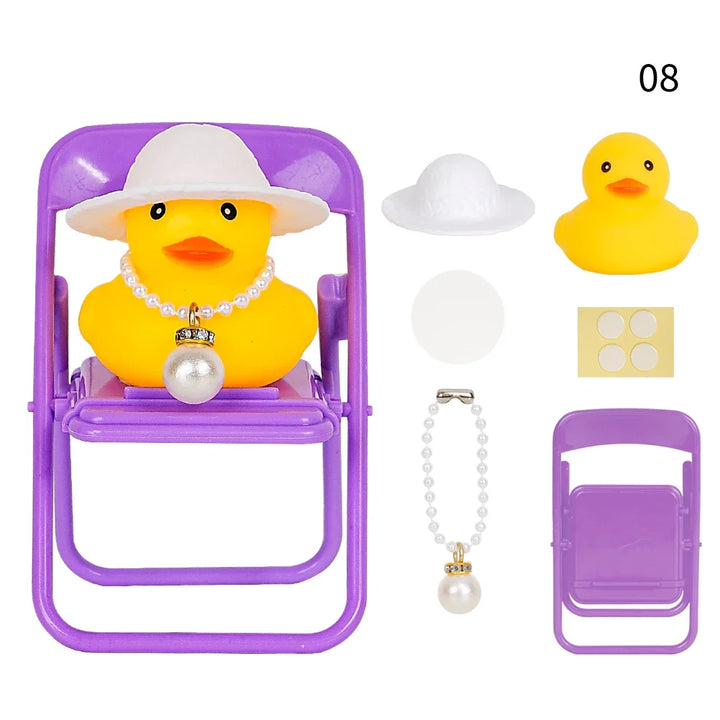 Car Duck Car Rubber Dashboard Decorations Ornament Yellow Duck with Mini Swim Ring Sun Cowboy Hat Necklace for Auto Office