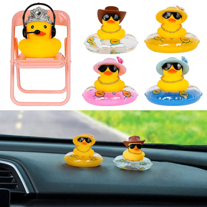 Car Duck Car Rubber Dashboard Decorations Ornament Yellow Duck with Mini Swim Ring Sun Cowboy Hat Necklace for Auto Office