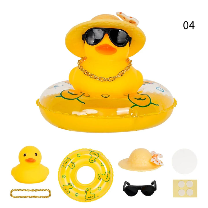 Car Duck Car Rubber Dashboard Decorations Ornament Yellow Duck with Mini Swim Ring Sun Cowboy Hat Necklace for Auto Office